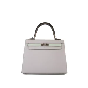 Hermès Kelly 25 Sellier de cuero Epsom en Gris Pale, Vert Fizz y Graphite con herrajes de paladio – bolso de lujo tricolor estructurado y exclusivo