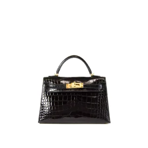 Hermès Kelly Mini Alligator schwarz glänzend mit goldener Hardware – seltene exotische Mini-Handtasche