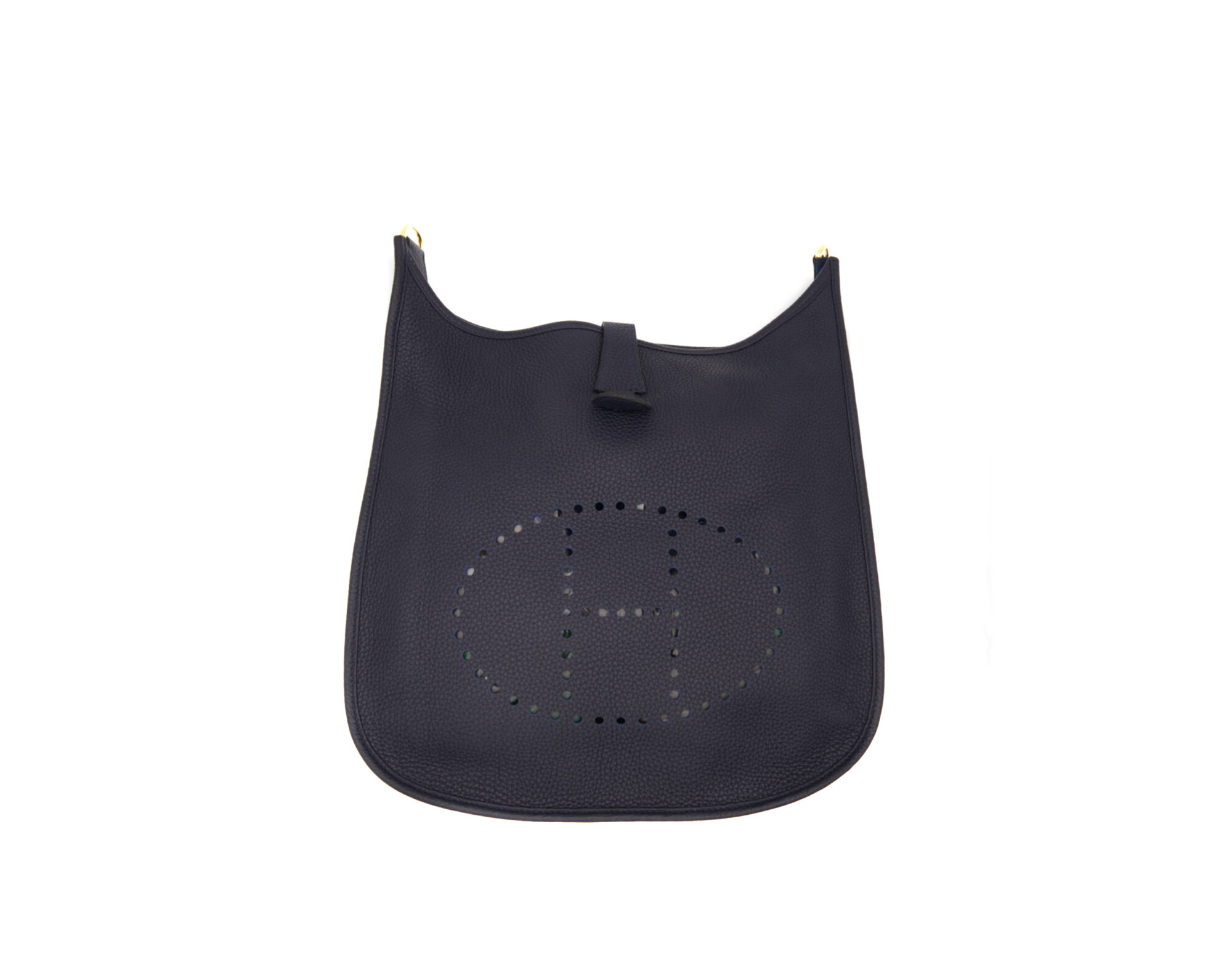 Hermès Evelyne III 33 Bleu Nuit de cuero Clémence con herrajes dorados – bolso bandolera de lujo en azul oscuro