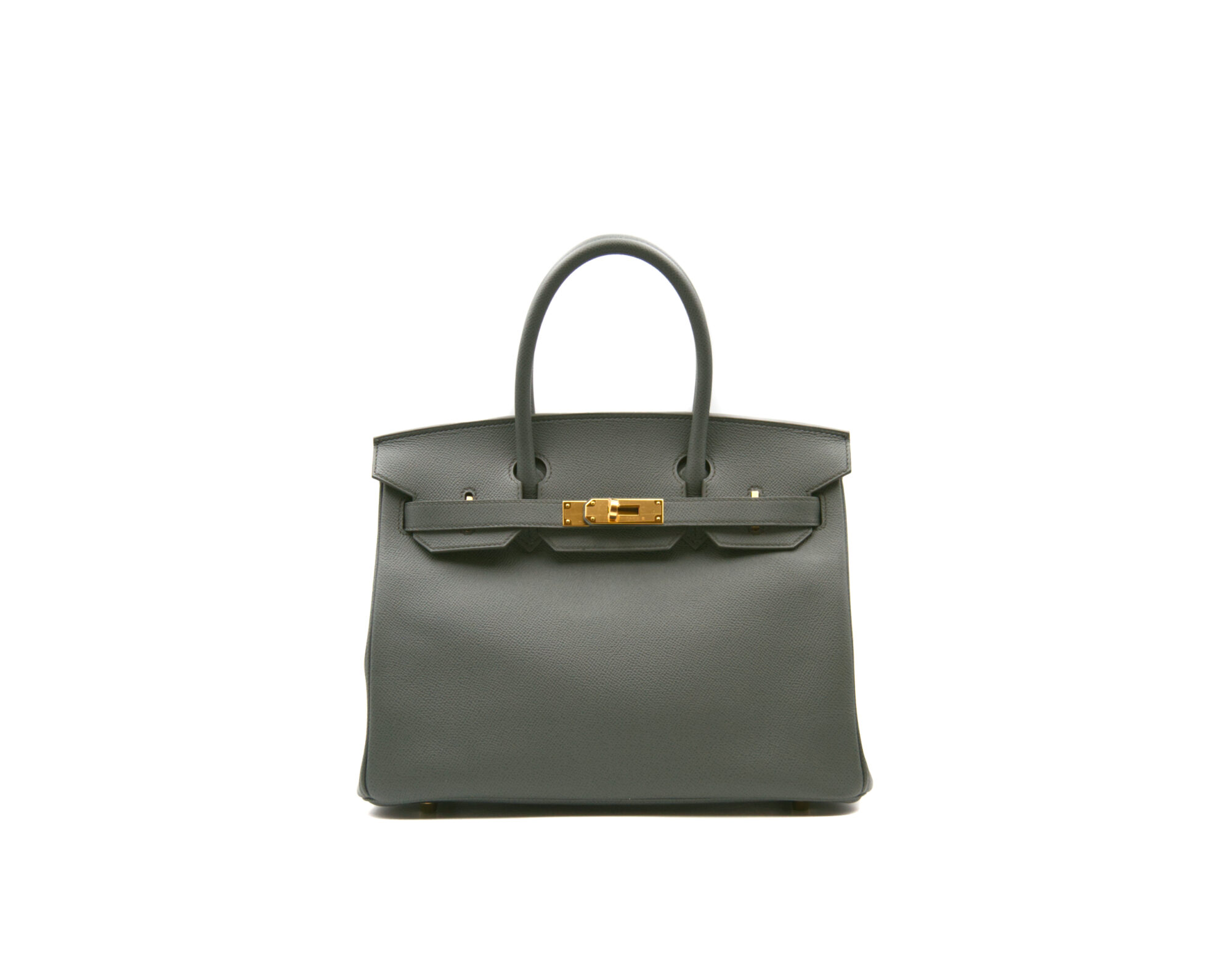 Hermès Birkin 30 Epsom Vert Amande con herrajes dorados – bolso de lujo estructurado en verde salvia - front