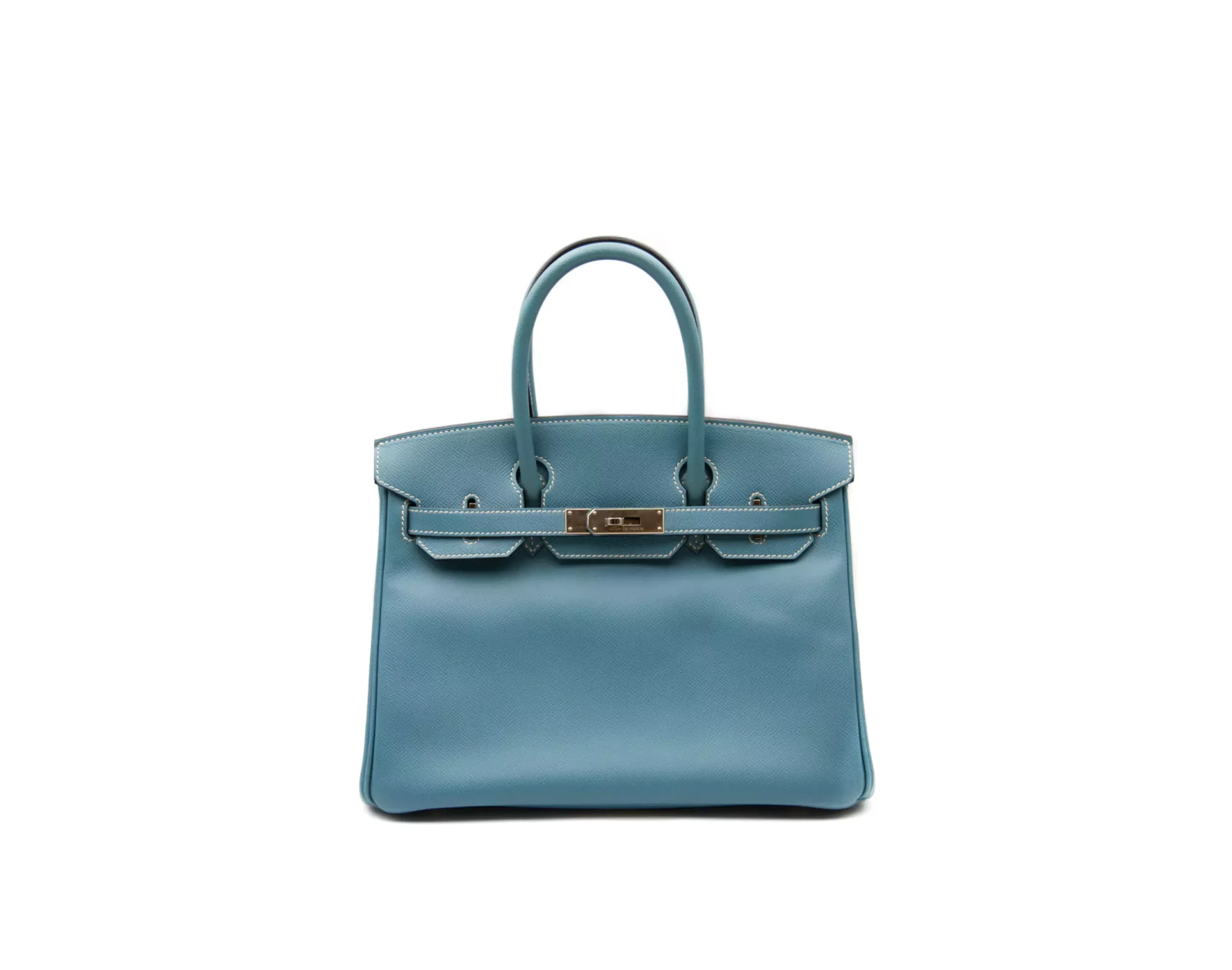 Hermès Birkin 30 Epsom Blue Jean mit Palladium-Hardware – ikonische strukturierte Luxustasche in Himmelblau - front