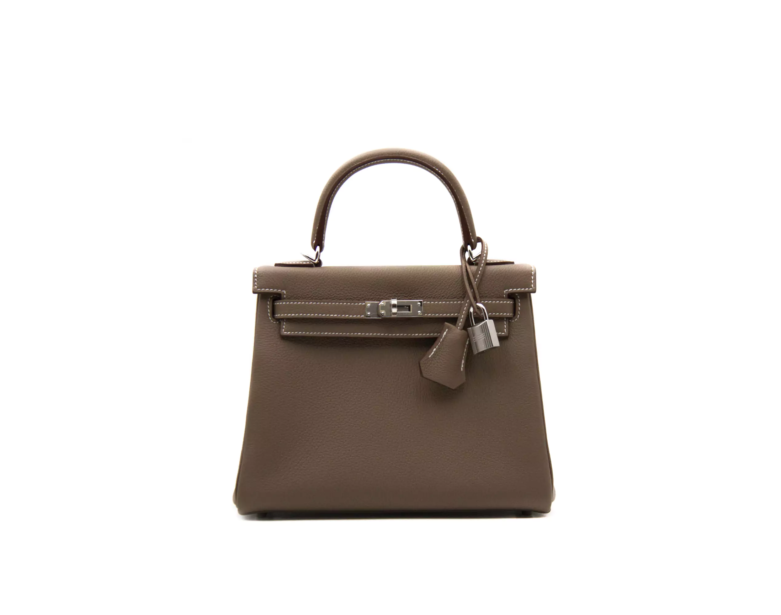 Hermès Kelly 25 Togo Etoupe mit Palladium-Hardware – ikonische kleine Luxustasche in Taupe-Grau