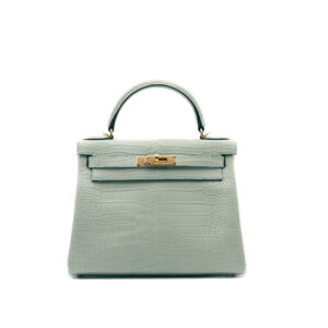 Hermès Kelly 28 Crocodile Porosus en cuero de cocodrilo Porosus mate Vert d’Eau con herrajes dorados – bolso de lujo exclusivo en verde agua