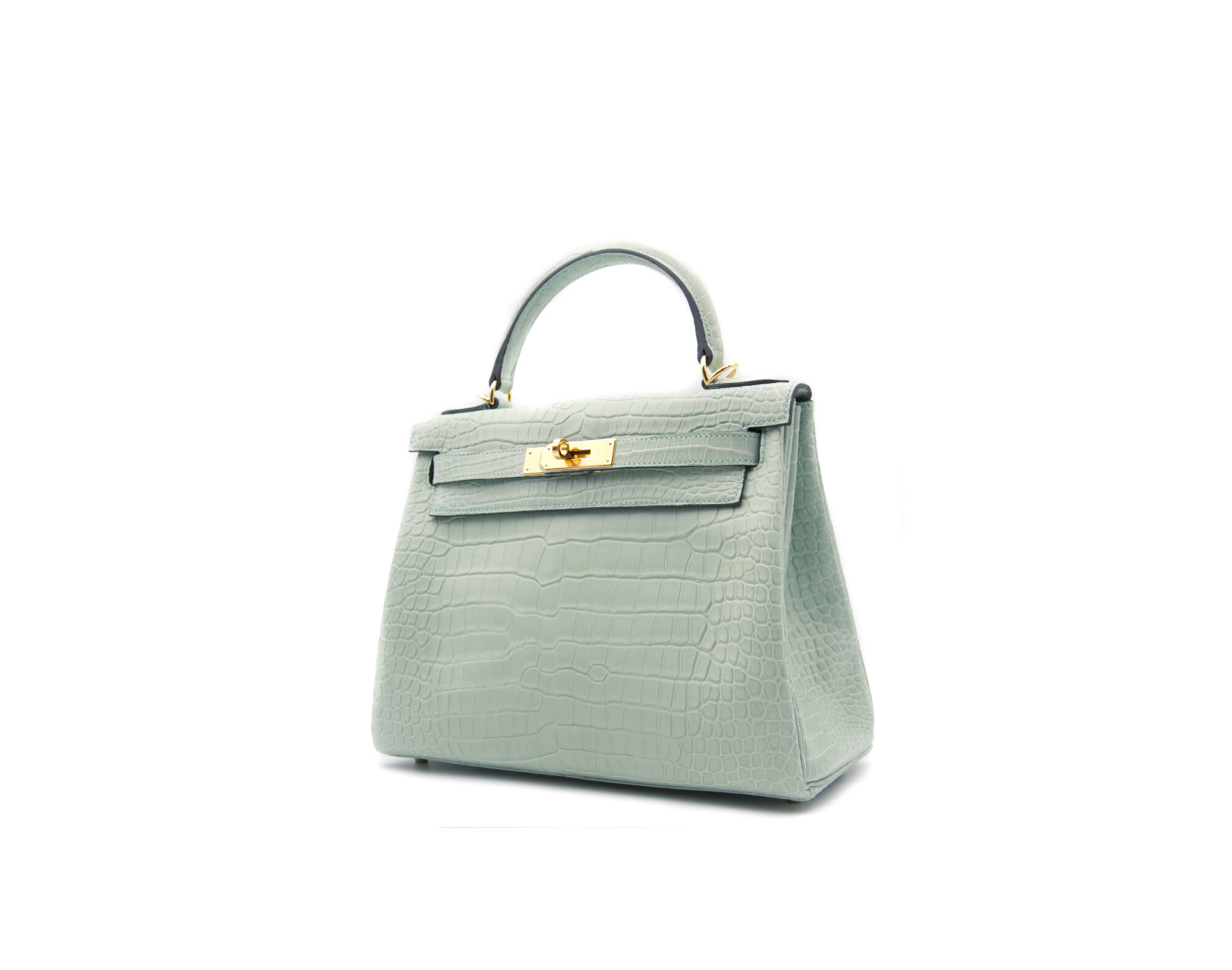 Hermès Kelly 28 Krokodil Porosus Vert d’Eau mit goldener Hardware – seltene Luxustasche in Aquagrün - profile