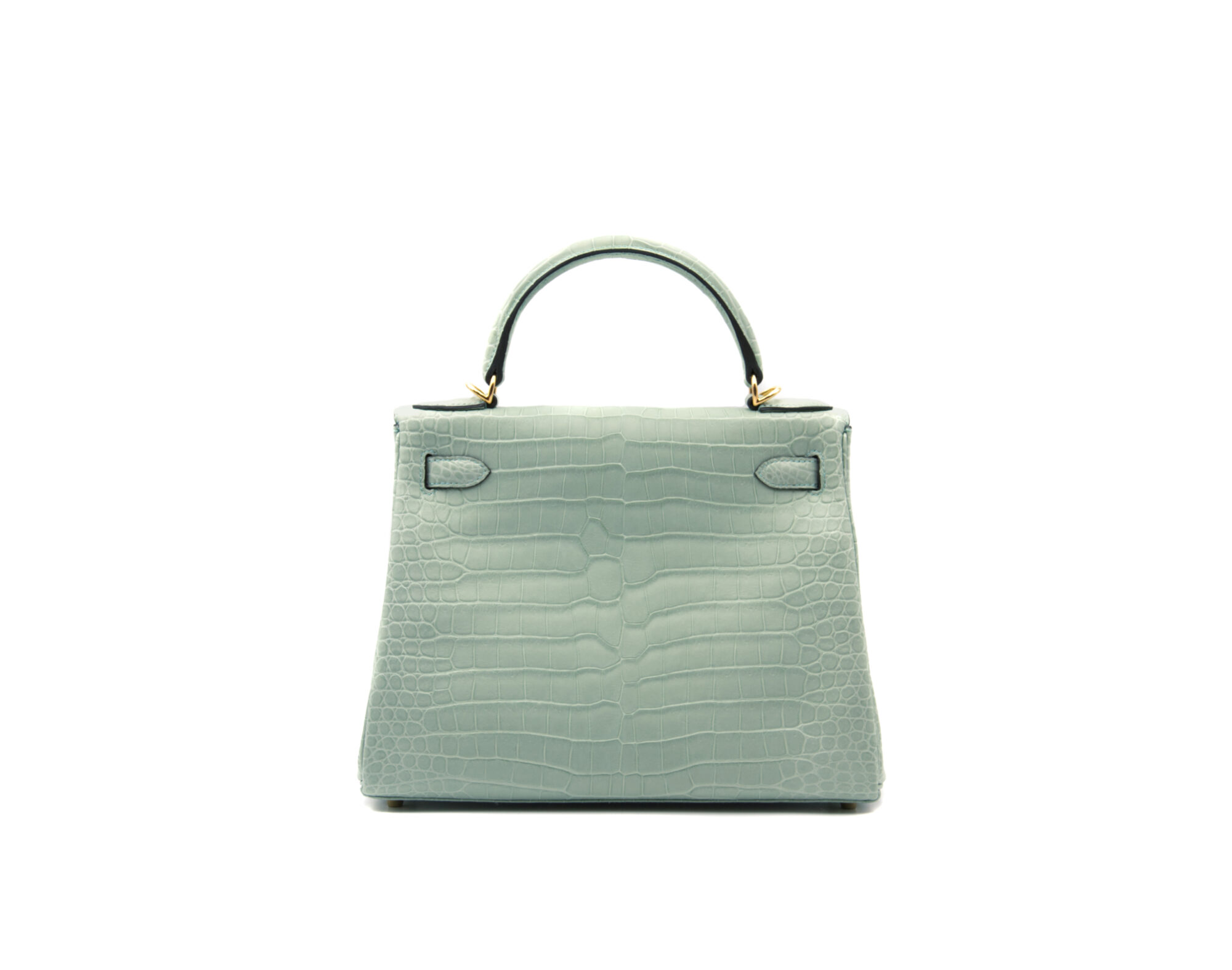 Hermès Kelly 28 crocodile Porosus mat Vert d’Eau with gold hardware – rare luxury handbag in pale green - back