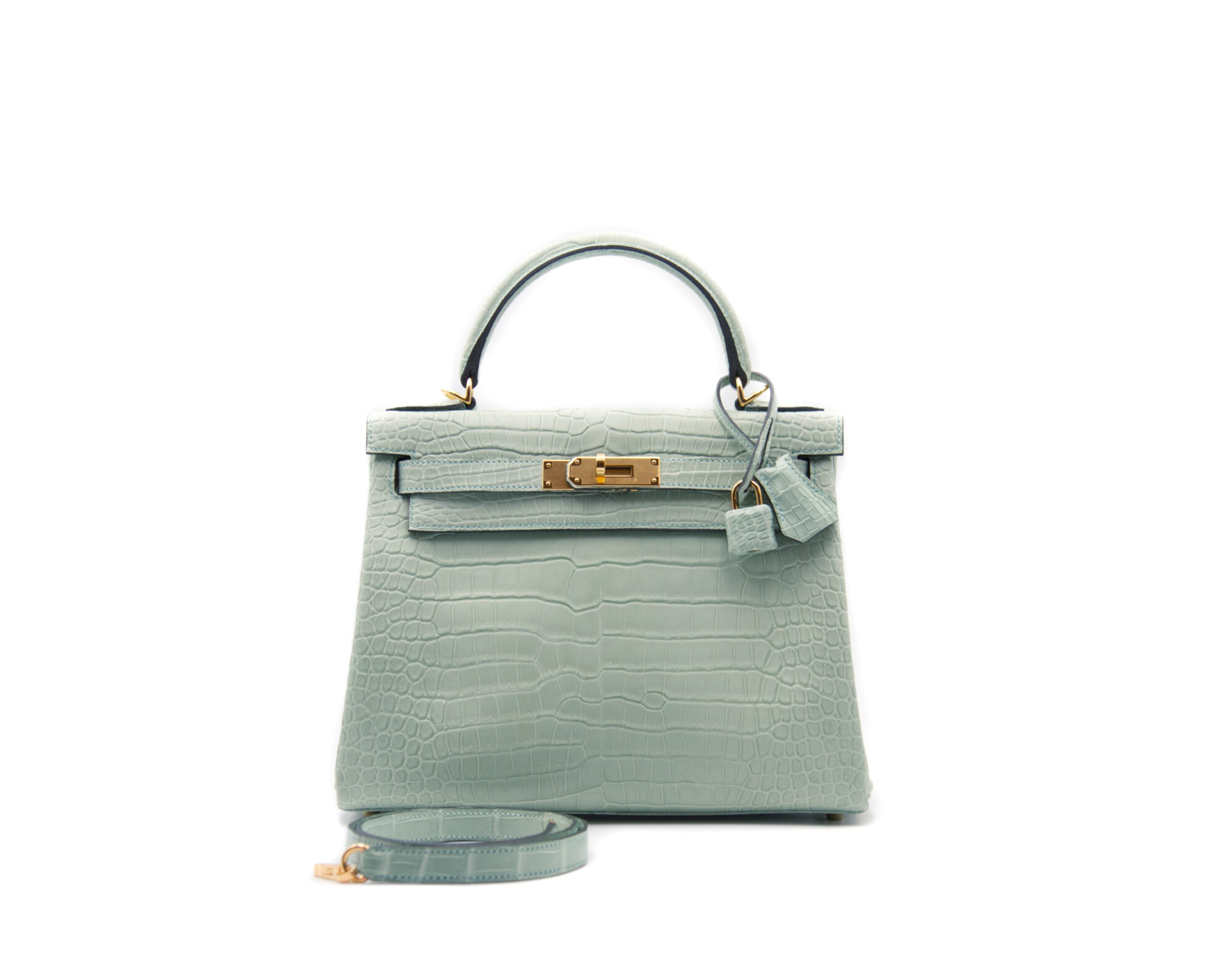 Hermès Kelly 28 crocodile Porosus mat Vert d’Eau with gold hardware – rare luxury handbag in pale green - set