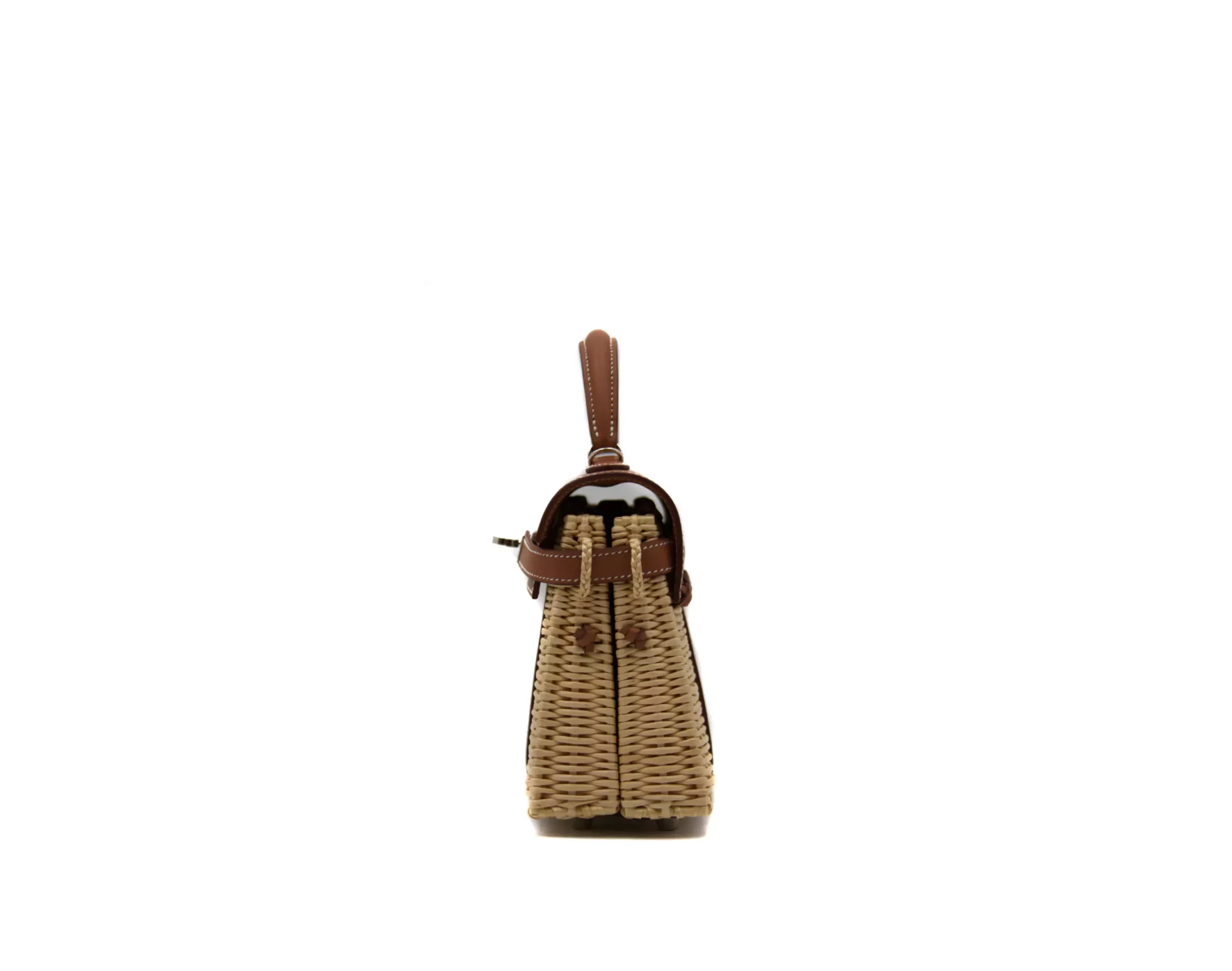 Hermès Mini Picnic Kelly 20 en cuero Swift color Gold y mimbre con herrajes de paladio – bolso de colección exclusivo - side