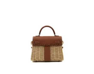 Hermès Mini Picnic Kelly 20 en cuero Swift color Gold y mimbre con herrajes de paladio – bolso de colección exclusivo -back