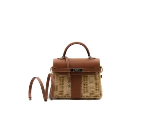 Hermès Mini Picnic Kelly 20 en cuero Swift color Gold y mimbre con herrajes de paladio – bolso de colección exclusivo - strap