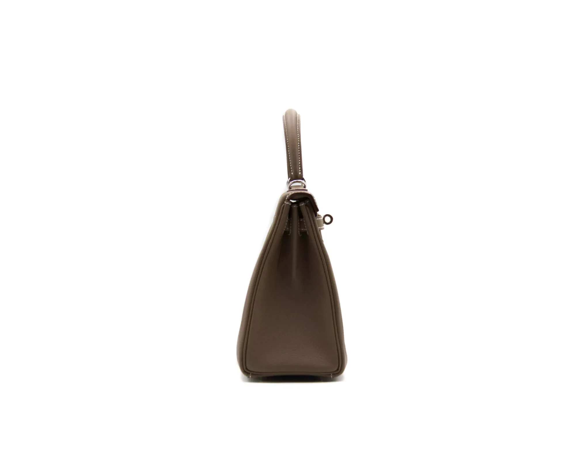 Hermès Kelly 25 Togo Etoupe leather with palladium hardware – iconic small luxury handbag in taupe grey - side