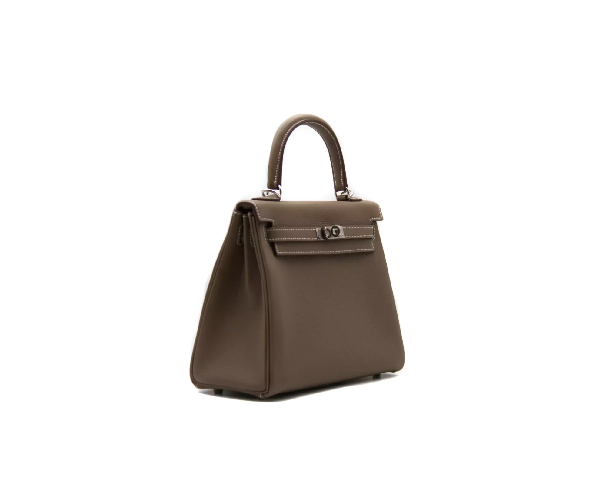 Hermès Kelly 25 Togo Etoupe leather with palladium hardware – iconic small luxury handbag in taupe grey - profile
