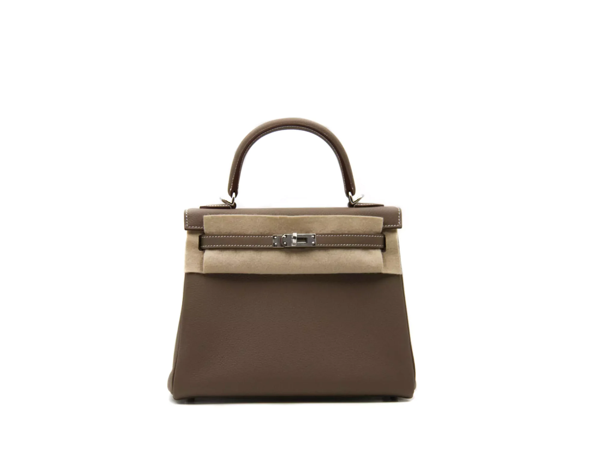Hermès Kelly 25 Togo Etoupe leather with palladium hardware – iconic small luxury handbag in taupe grey - filz