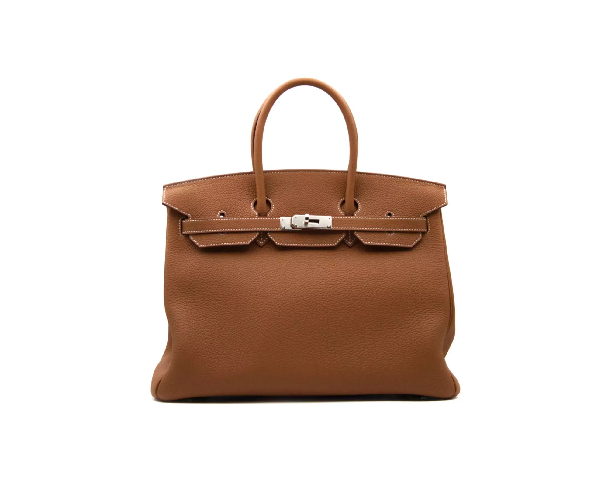 Hermès Birkin 35 Togo Gold mit Palladium-Hardware – ikonische Luxustasche im warmen Karamellton - front