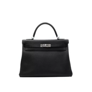 Hermès Kelly 32 Negro de cuero Togo Retourne con herrajes de paladio – bolso de lujo icónico mediano en negro clásico