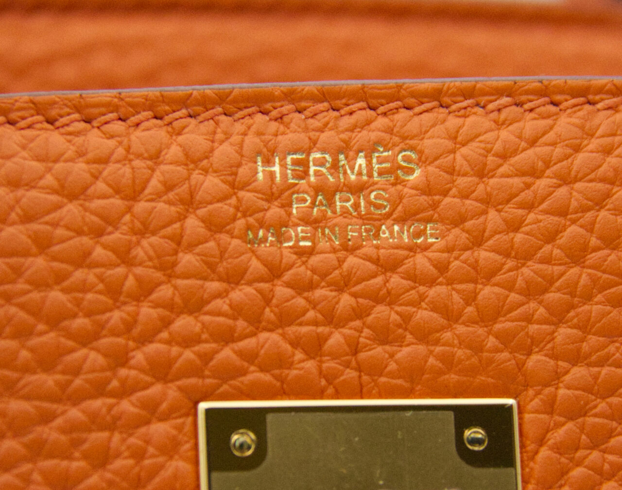 Hermès Birkin 30 Orange Taurillon Clémence leather with gold hardware – iconic medium luxury handbag in bright orange - stamp
