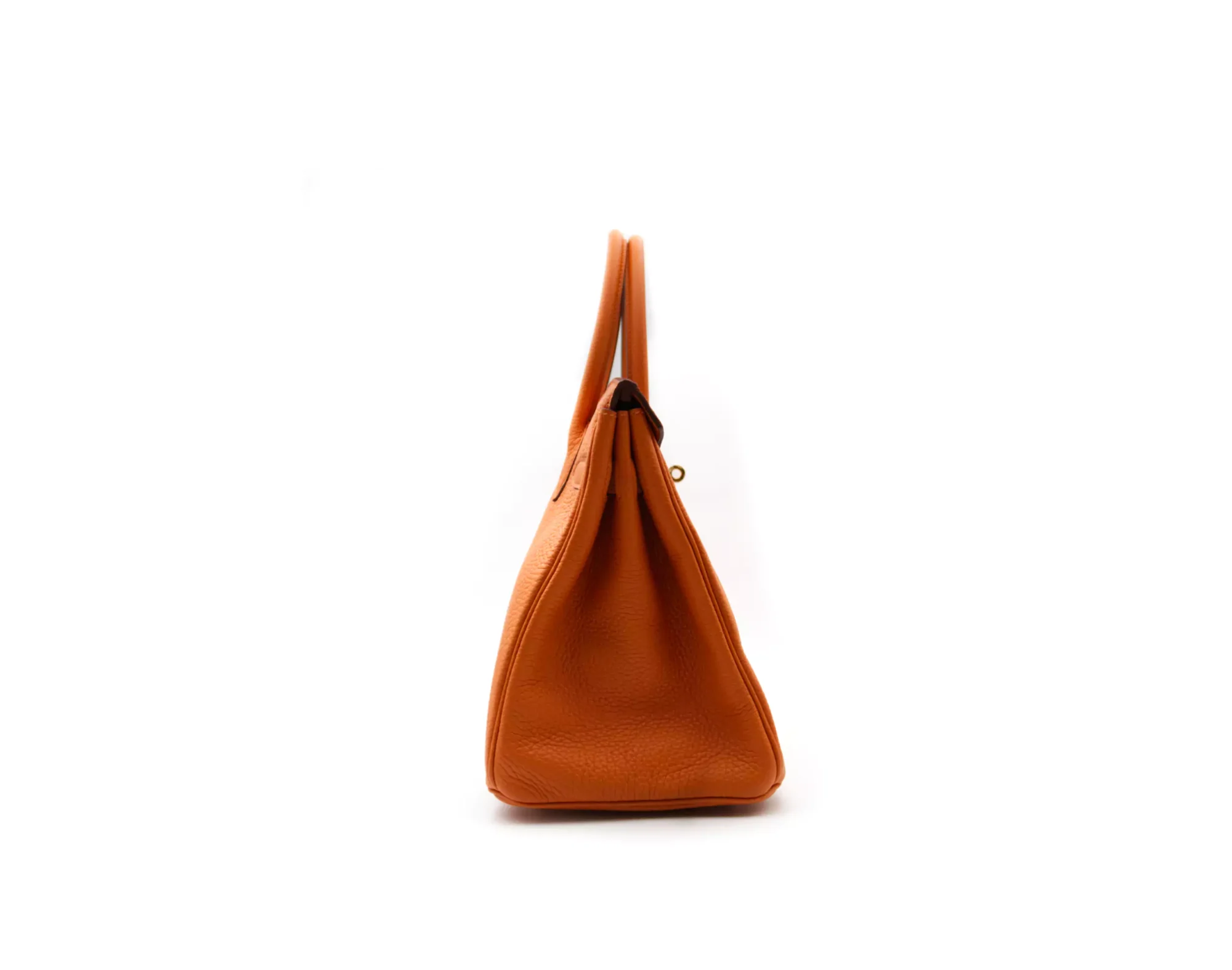 Hermès Birkin 30 Orange Taurillon Clémence leather with gold hardware – iconic medium luxury handbag in bright orange - side
