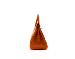Hermès Birkin 30 Orange Taurillon Clémence leather with gold hardware – iconic medium luxury handbag in bright orange - side