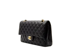 Chanel Medium Classic Double Flap Bag aus schwarzem Leder mit goldener Hardware – ikonische Luxustasche - profile