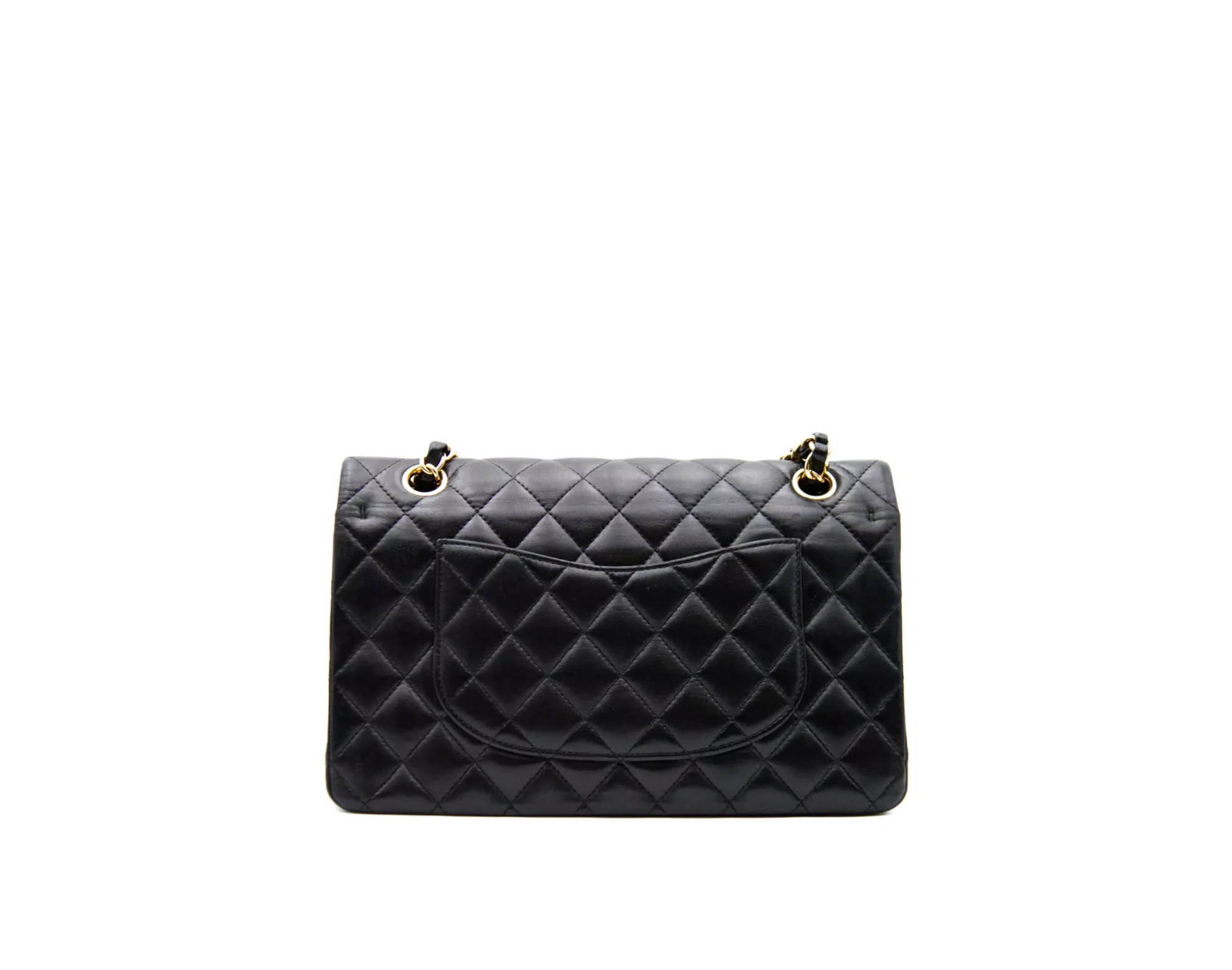Chanel Medium Classic Double Flap Bag aus schwarzem Leder mit goldener Hardware – ikonische Luxustasche - back