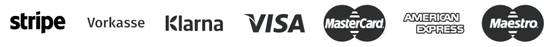 Payment methods, Zahlungsmethoden, Klarna, Visa. Master Card, American Express, Stripe