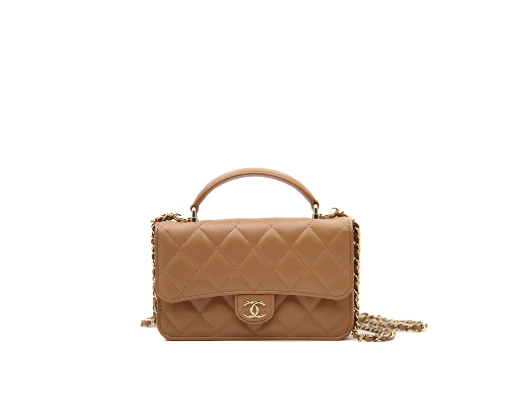 Chanel Mini Top Handle WOC Phone Holder en beige con herrajes dorados – bolso de lujo pequeño y elegante