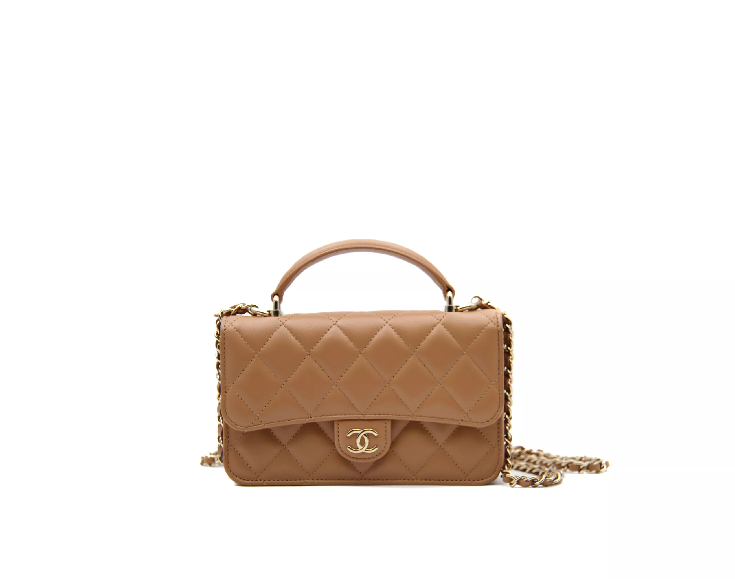Chanel Mini Top Handle WOC Phone Holder in Beige mit goldener Hardware – elegante kleine Luxustasche