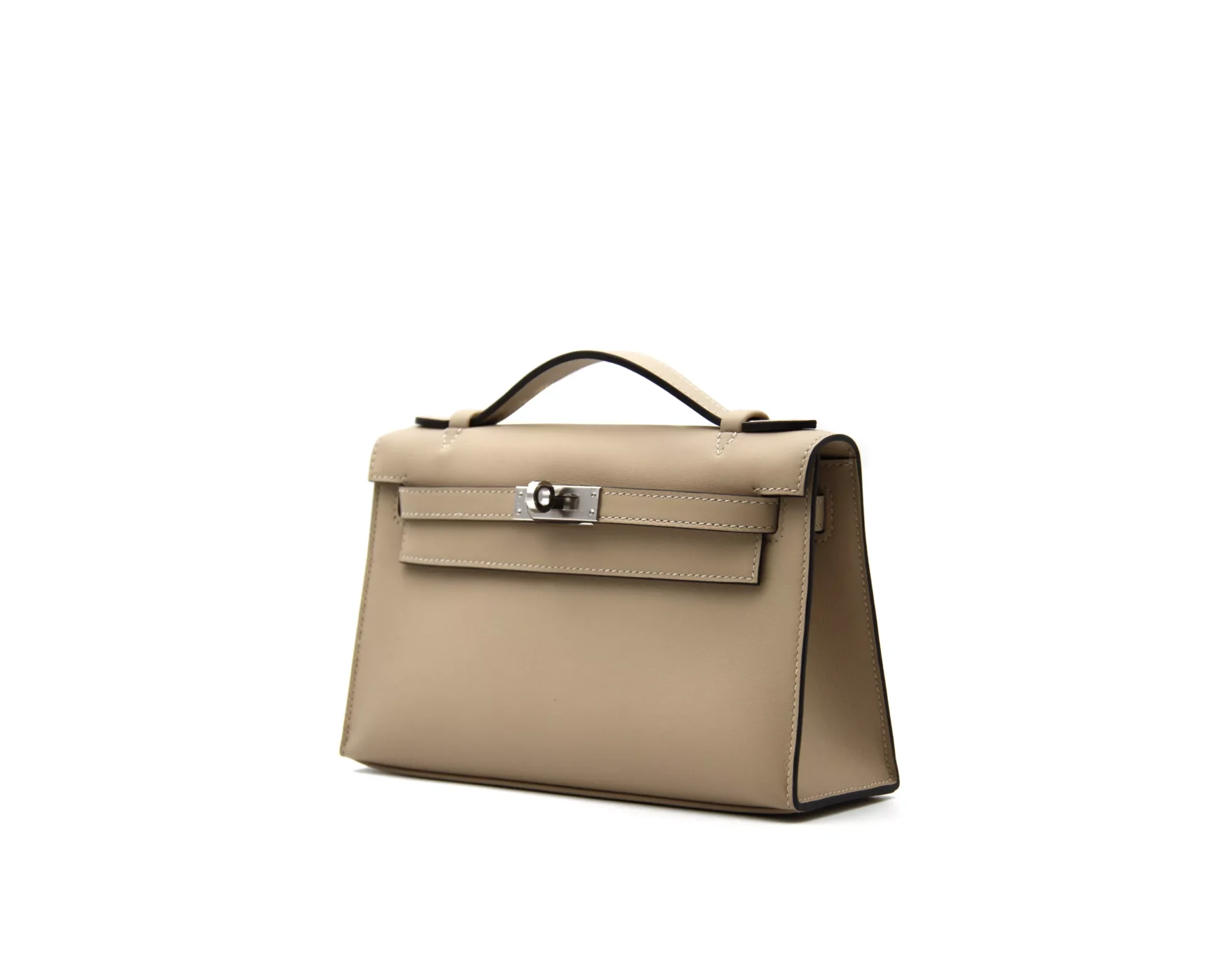 Hermès Kelly Pochette Trench en cuero Swift con herrajes de paladio – bolso de lujo elegante en beige - profile