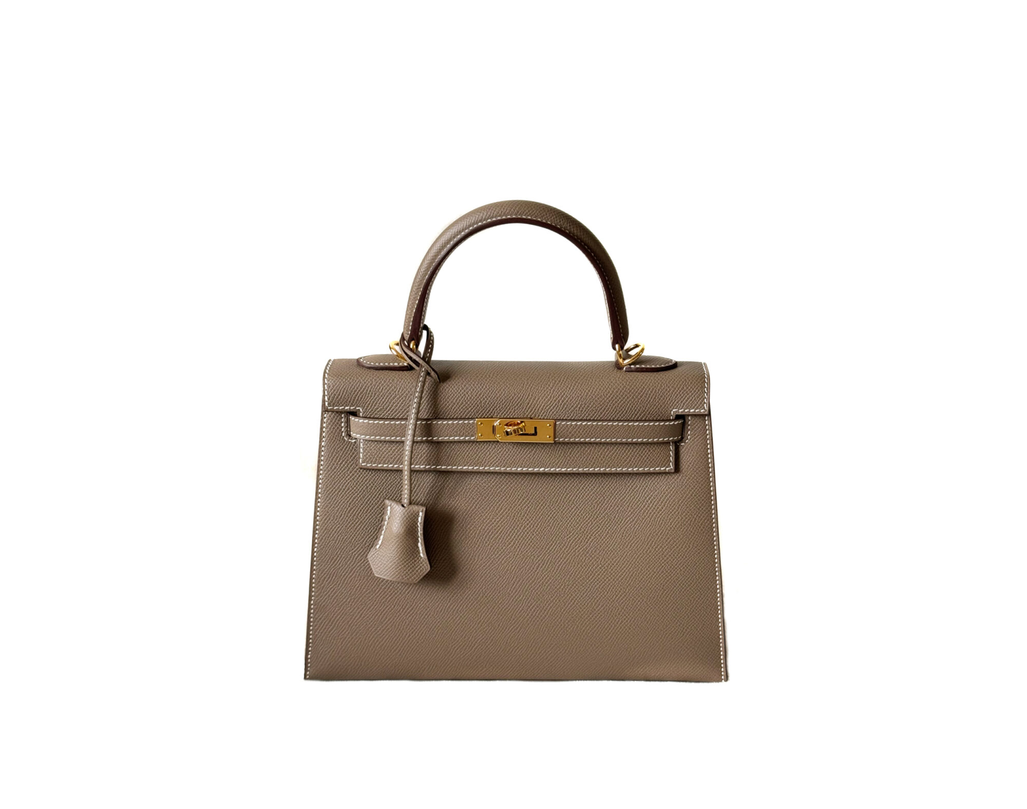 Hermès Kelly 25 Etoupe Epsom Sellier mit Gold-Hardware – luxuriöse kleine strukturierte Handtasche in Taupe-Grau