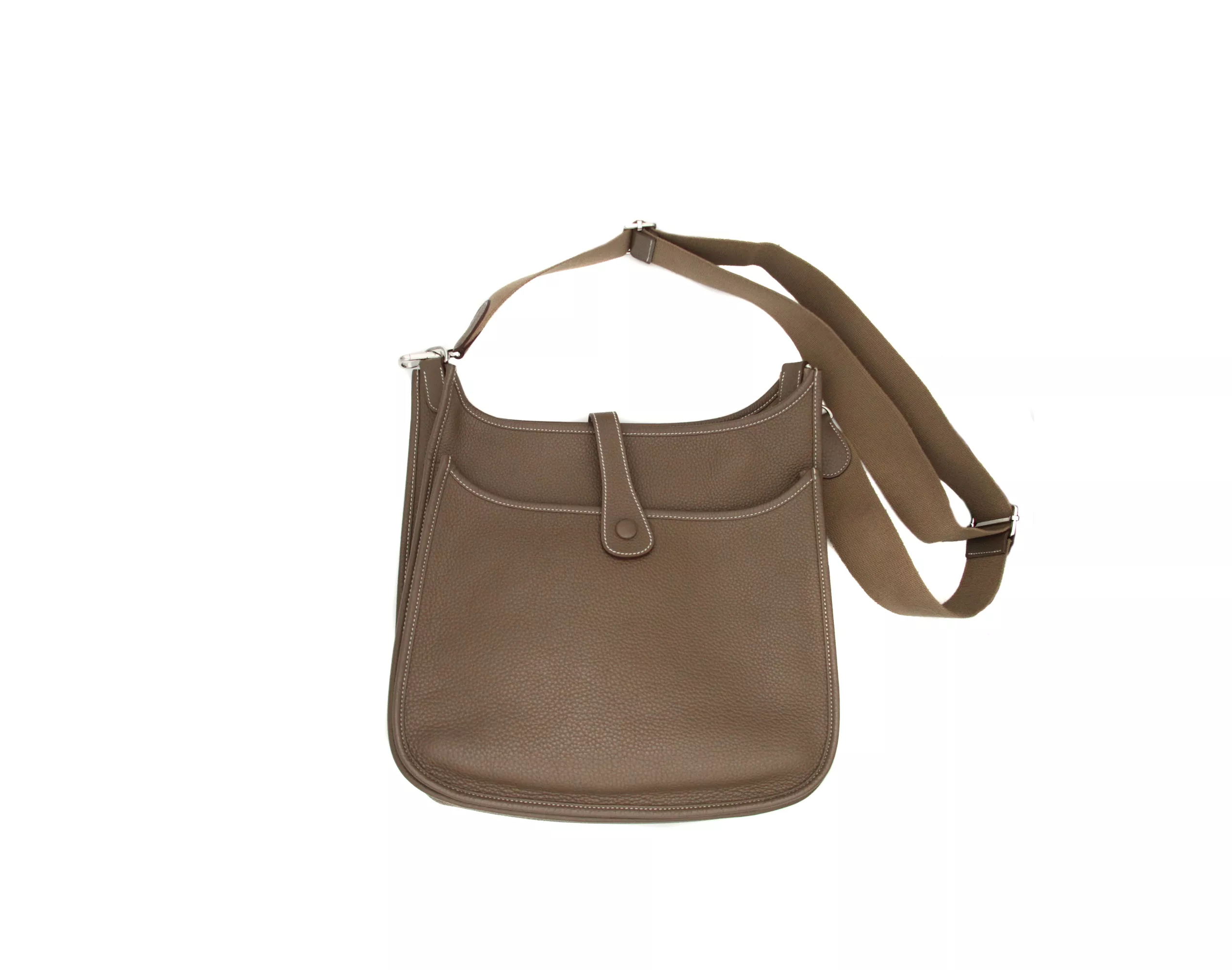 Herm&egrave;s Evelyne III 33 Clemence leather in Etoupe with palladium hardware &ndash; large luxury crossbody bag in taupe grey - back