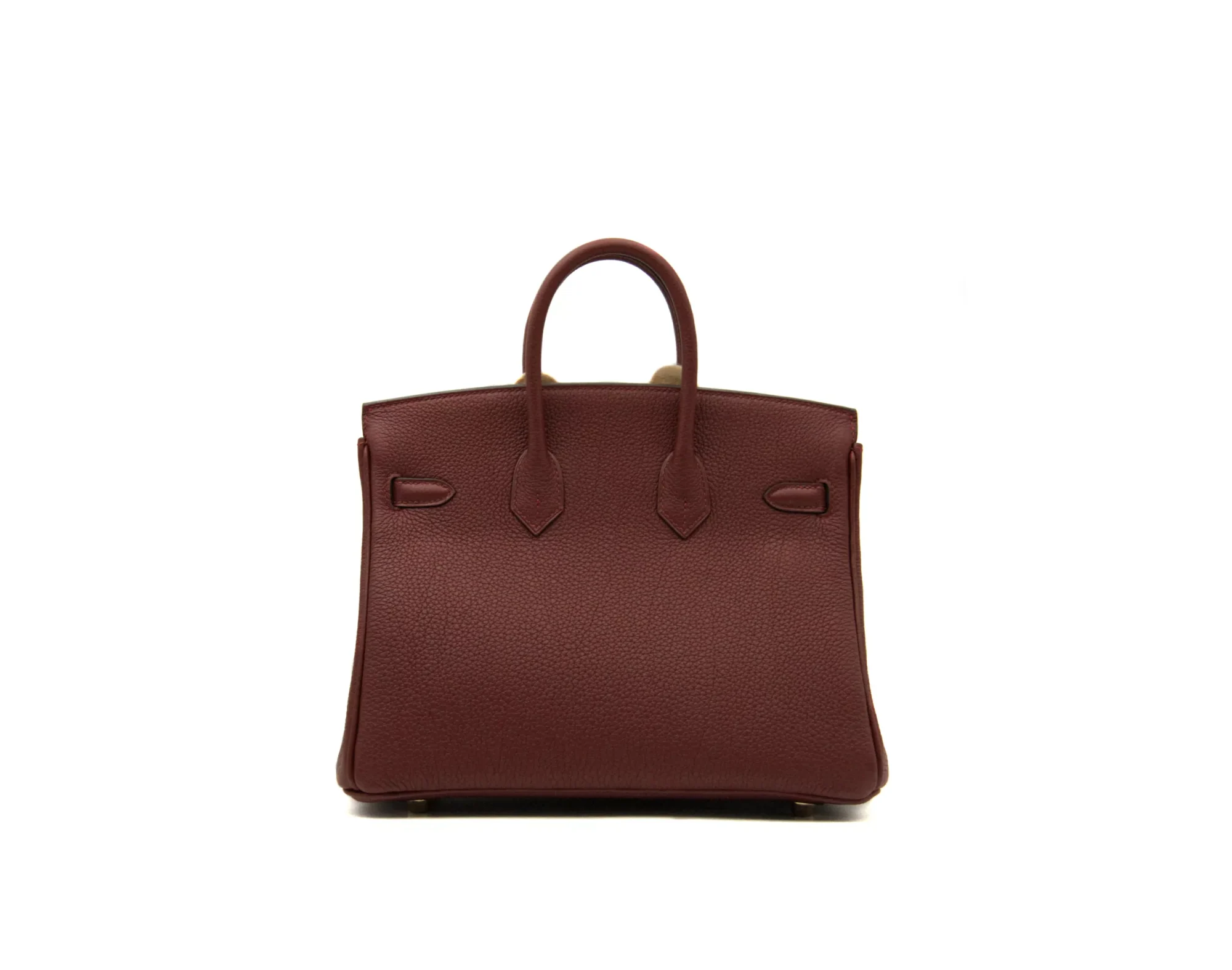 Hermès Birkin 25 Rouge H de cuero Togo con herrajes dorados – bolso de lujo icónico pequeño en rojo oscuro - back