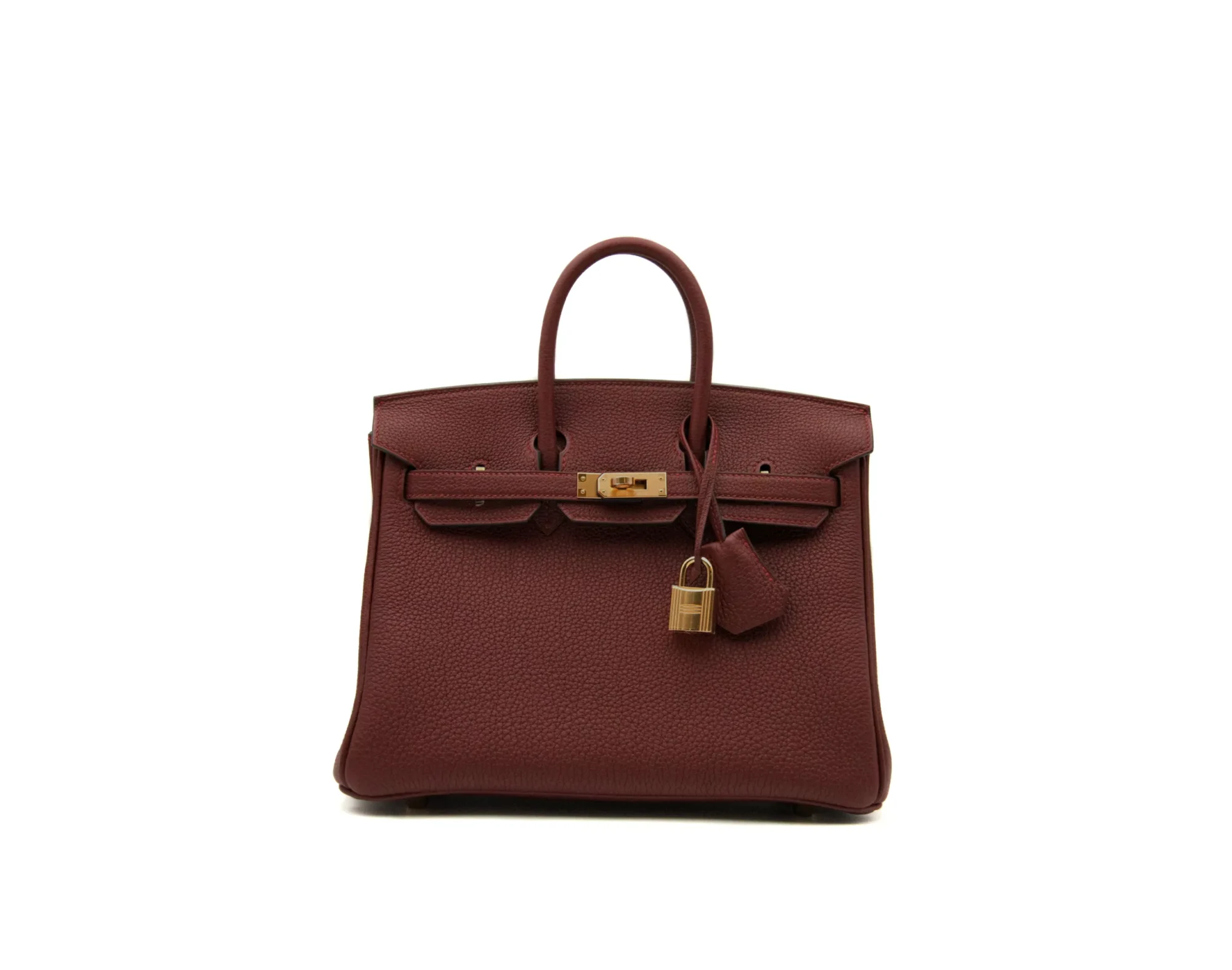 Hermès Birkin 25 Rouge H de cuero Togo con herrajes dorados – bolso de lujo icónico pequeño en rojo oscuro - clochette