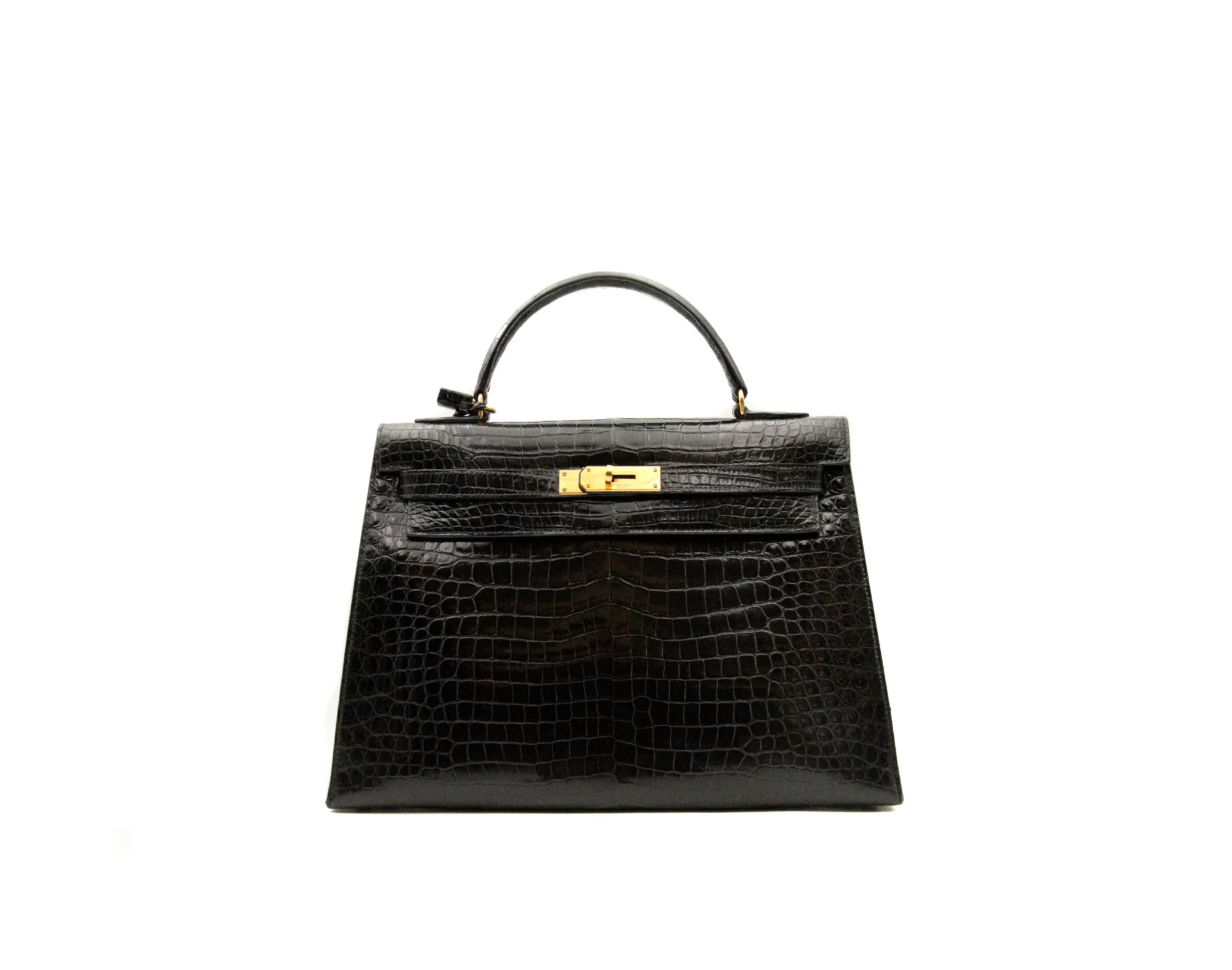 Hermès Kelly 32 Vintage black Porosus crocodile leather Sellier with gold hardware – rare structured luxury handbag