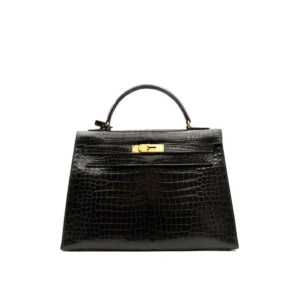 Hermès Kelly 32 Vintage de cocodrilo Porosus negro estilo Sellier con herrajes dorados – bolso de lujo estructurado y raro