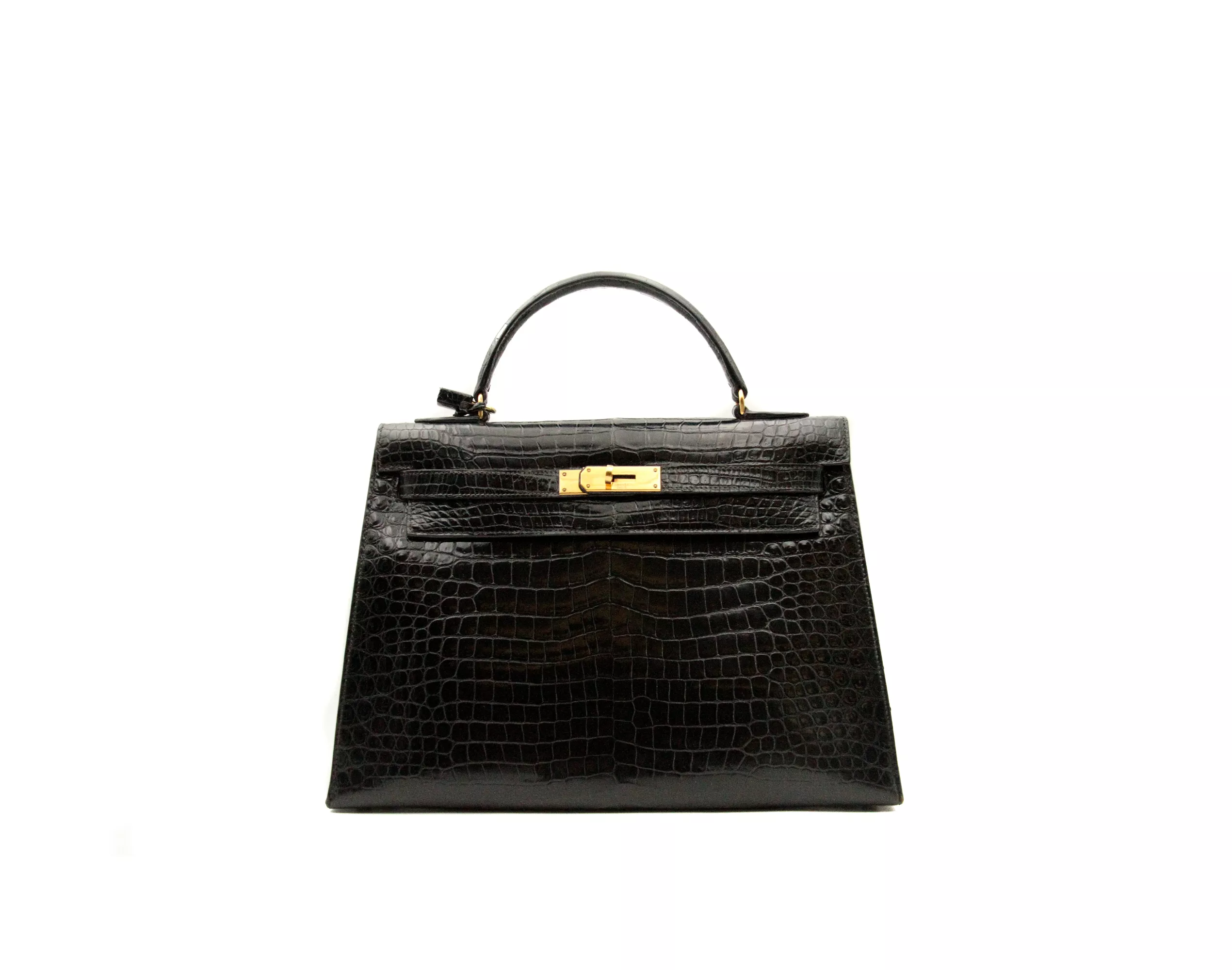 Herm&egrave;s Kelly 32 Vintage black Porosus crocodile leather Sellier with gold hardware &ndash; rare structured luxury handbag