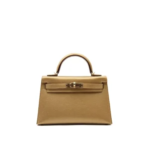 Hermès Kelly Mini Doré Metallic in Chèvre Chamkila leather with permabrass hardware – iconic mini luxury handbag in gold