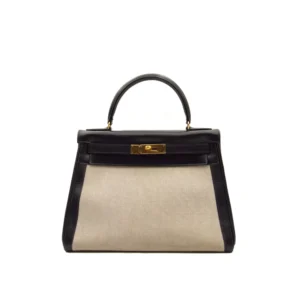 Kelly 28 Vintage Azul Marino Box Leather & Lona Beige